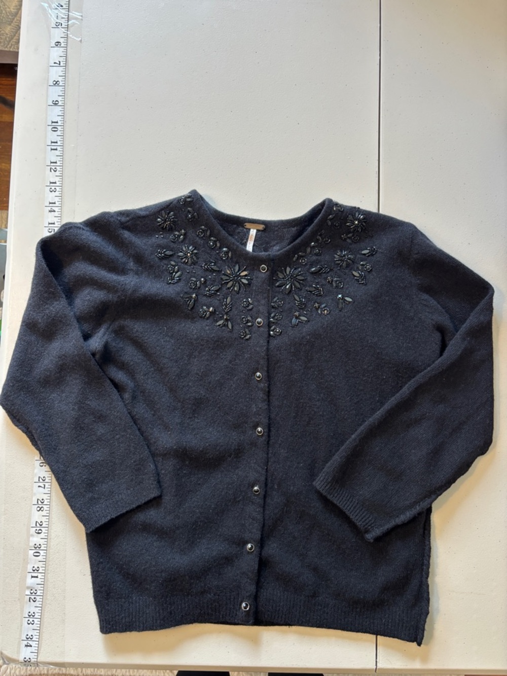 Free People Black Floral Cardigan Size Small Knit Wool Floral Beaded Romantic